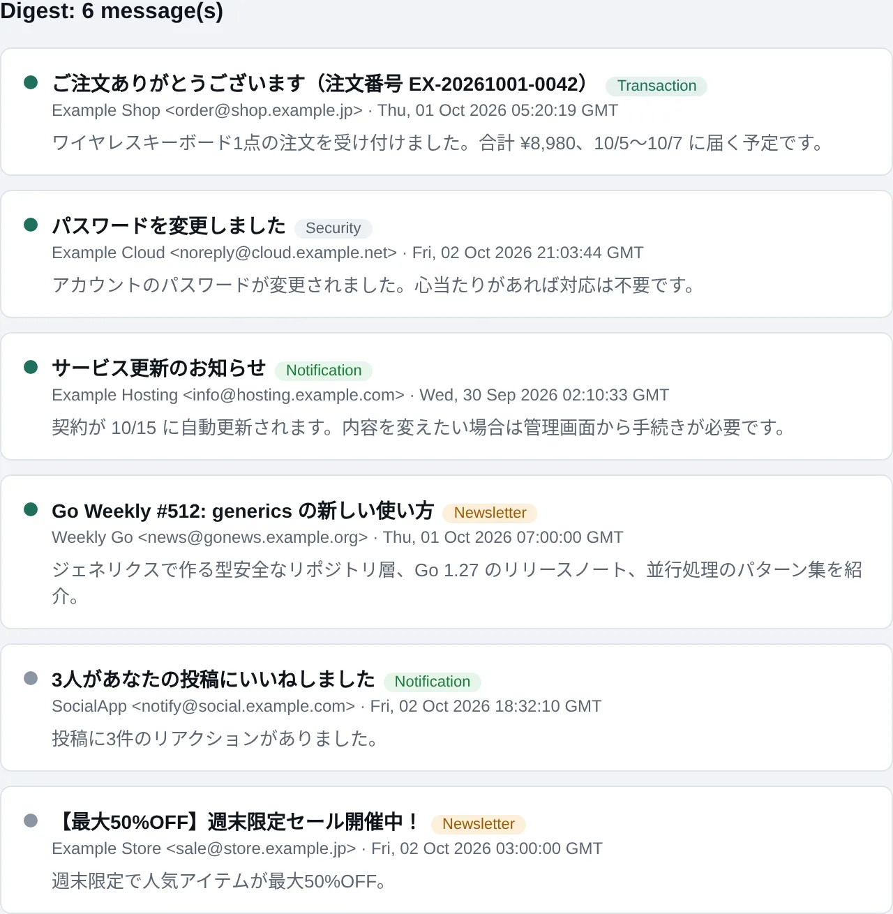 実際に届くダイジェストメールのイメージ(中身は架空のメールです)