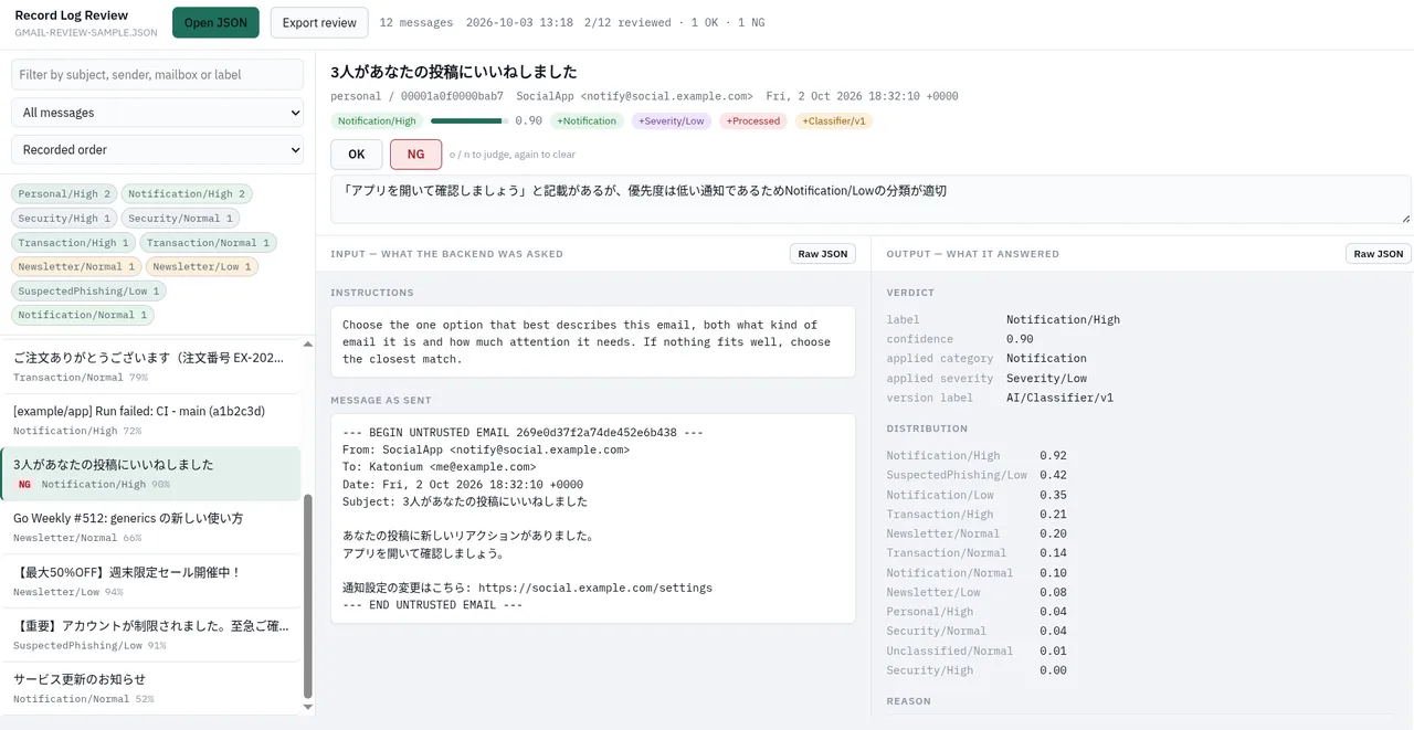 生データを見るために作ったHTML。1件ずつメール・分類・要約を並べて見る
